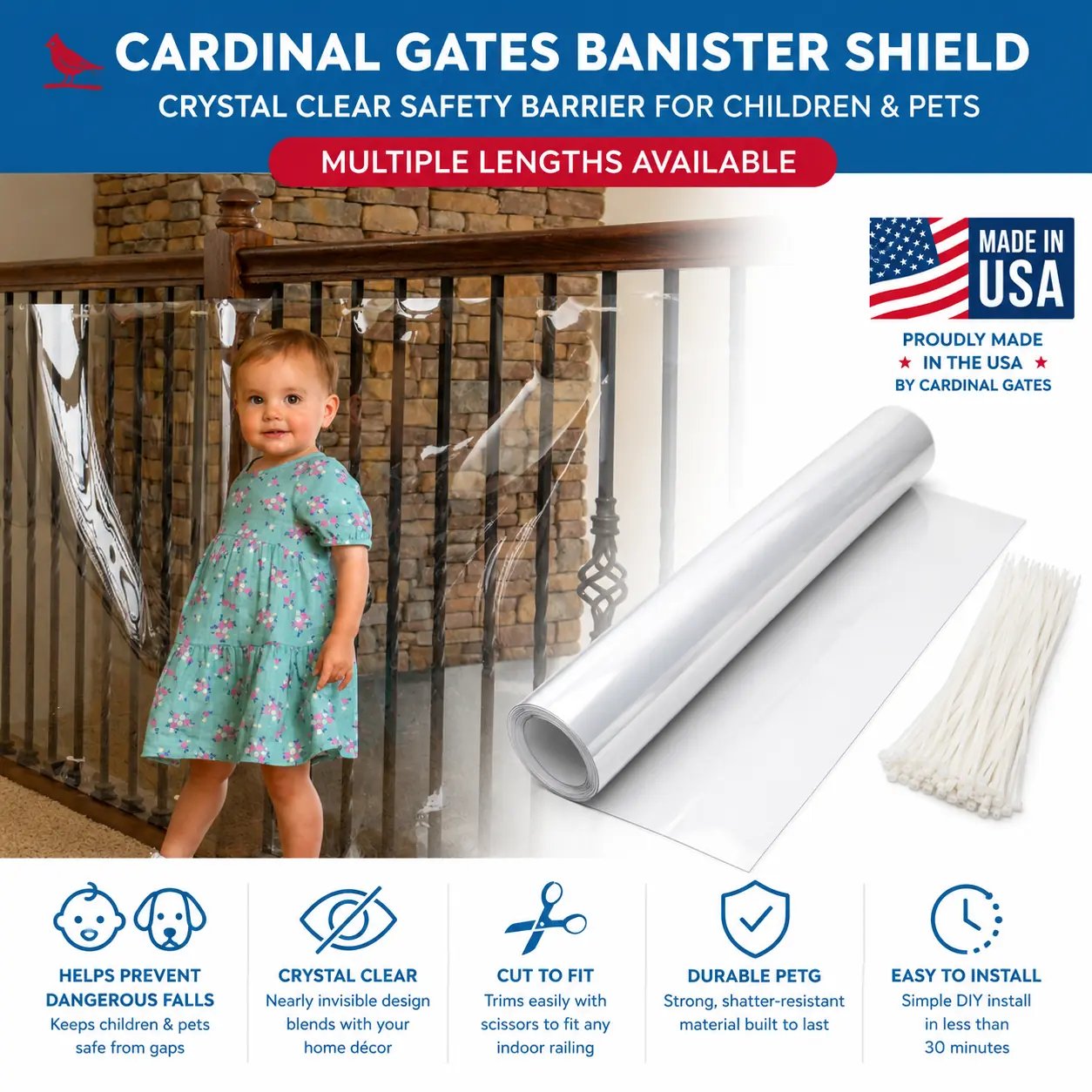 Cardinal Gates Banister Shield for Stair Railings, Crystal Clear PETG Safety Barrier for Babies, Toddlers & Pets, Cut-to-Fit Indoor Banister Guard, 33" x 15', Made in USA