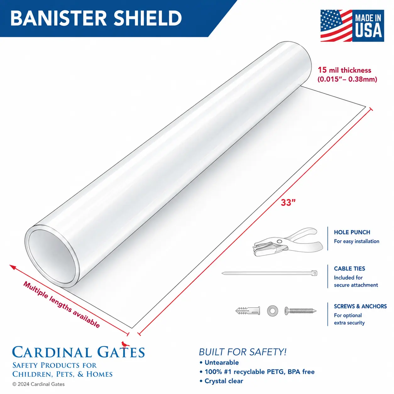 Cardinal Gates Banister Shield for Stair Railings, Crystal Clear PETG Safety Barrier for Babies, Toddlers & Pets, Cut-to-Fit Indoor Banister Guard, 33" x 15', Made in USA
