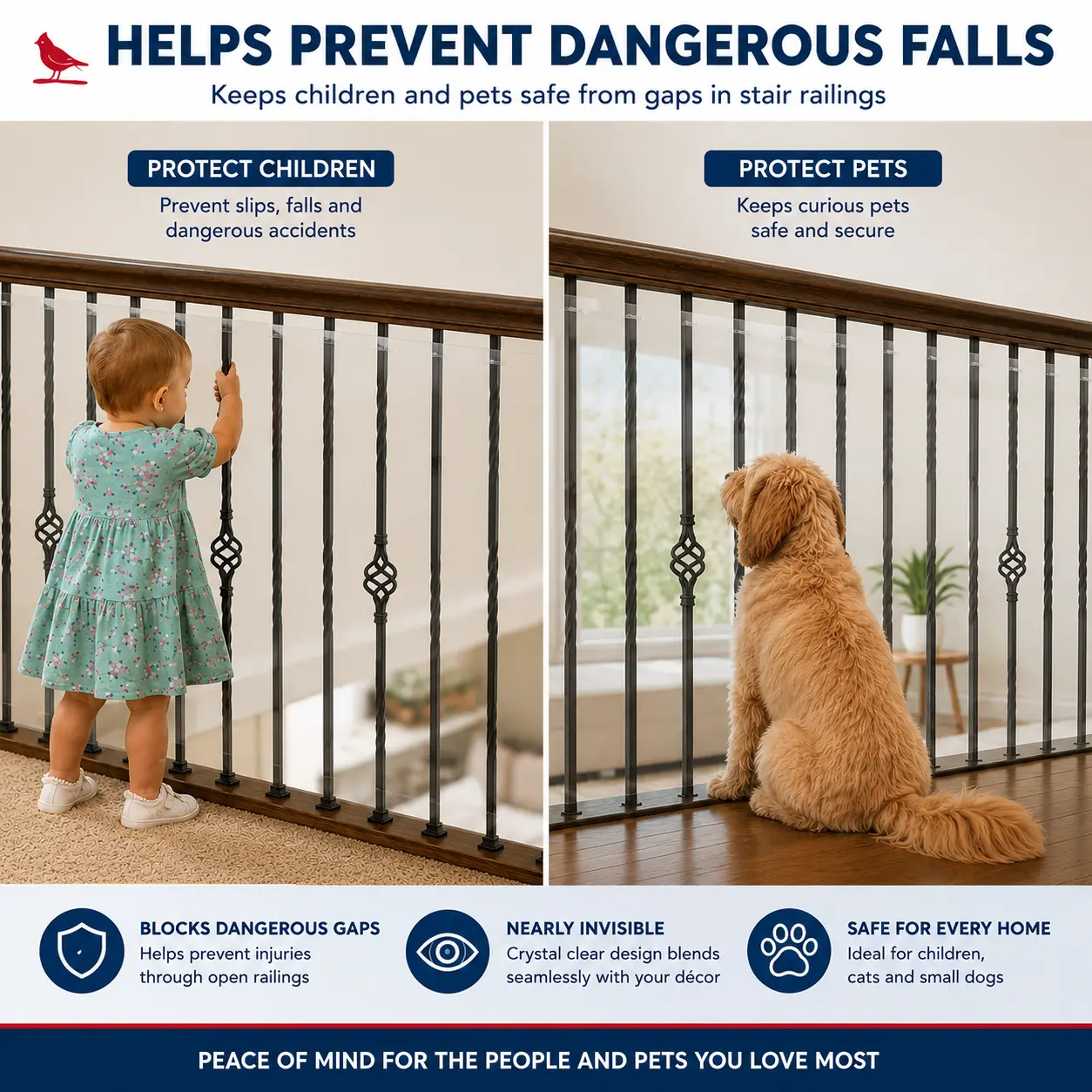 Cardinal Gates Banister Shield for Stair Railings, Crystal Clear PETG Safety Barrier for Babies, Toddlers & Pets, Cut-to-Fit Indoor Banister Guard, 33" x 15', Made in USA