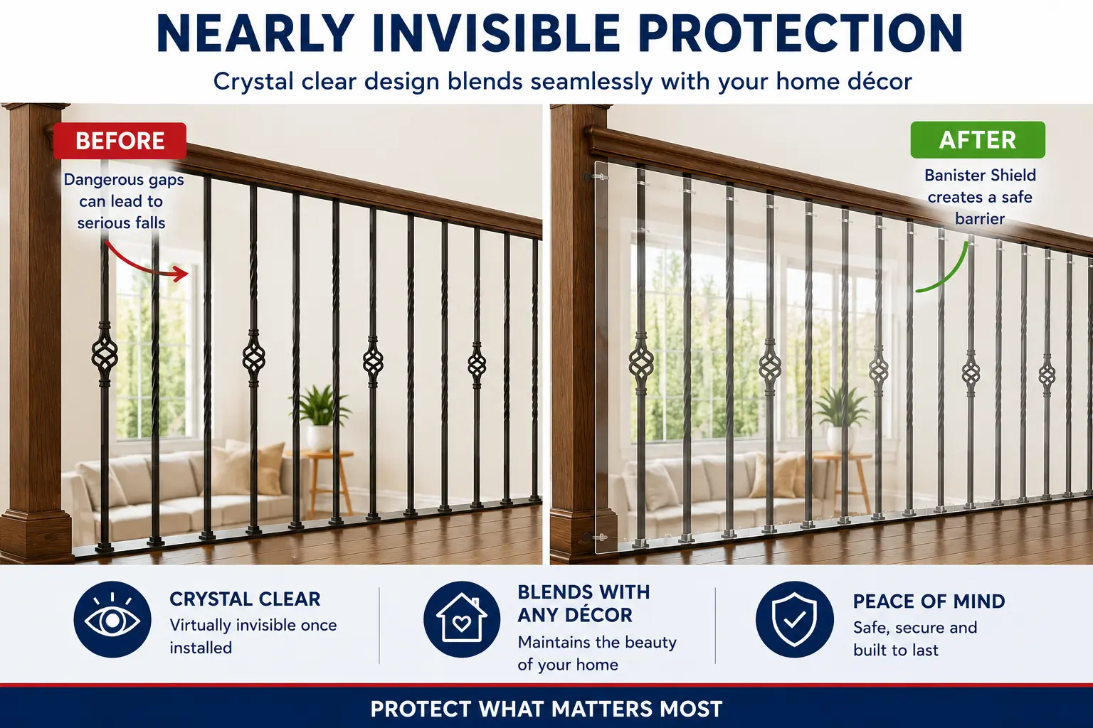 Cardinal Gates Banister Shield for Stair Railings, Crystal Clear PETG Safety Barrier for Babies, Toddlers & Pets, Cut-to-Fit Indoor Banister Guard, 33" x 15', Made in USA