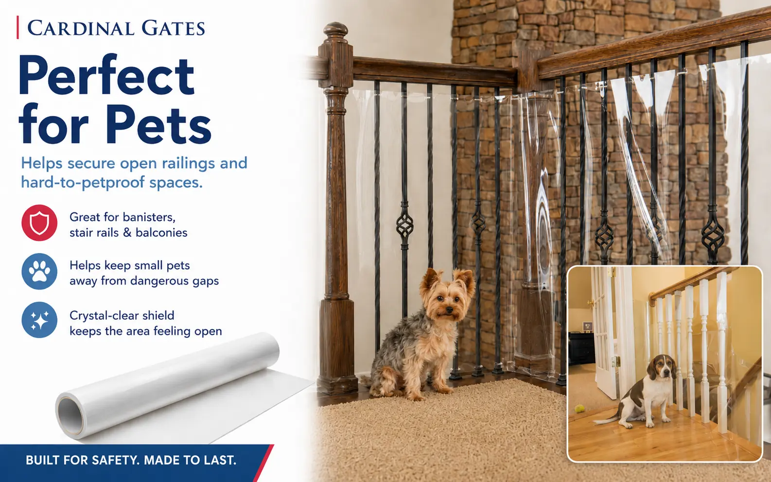 Cardinal Gates Banister Shield for Stair Railings, Crystal Clear PETG Safety Barrier for Babies, Toddlers & Pets, Cut-to-Fit Indoor Banister Guard, 33" x 15', Made in USA