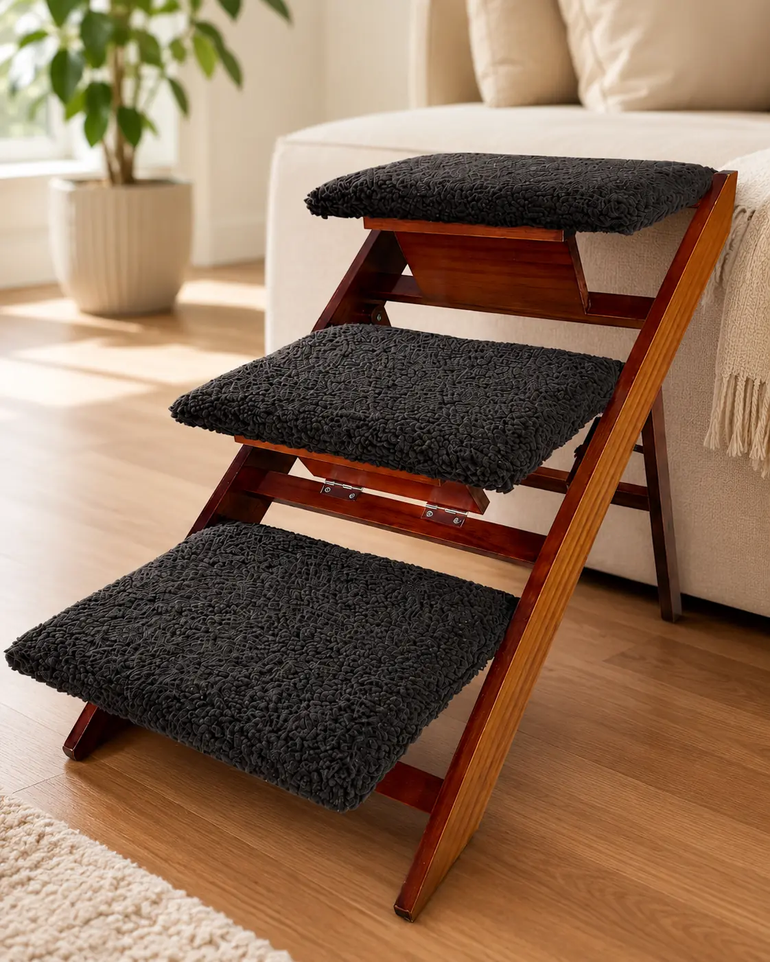 Wooden Pet Stairs & Ramp for Small Dogs and Cats, Convertible 2-in-1 Folding Dog Steps for Bed & Couch, Non-Slip Plush Steps, Stable Wood Frame, Ideal for Puppies, Senior Pets & Small Breeds