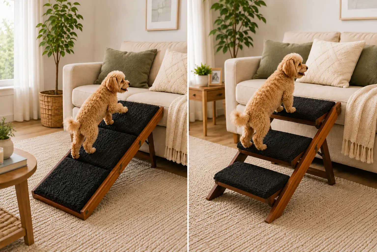 Wooden Pet Stairs & Ramp for Small Dogs and Cats, Convertible 2-in-1 Folding Dog Steps for Bed & Couch, Non-Slip Plush Steps, Stable Wood Frame, Ideal for Puppies, Senior Pets & Small Breeds