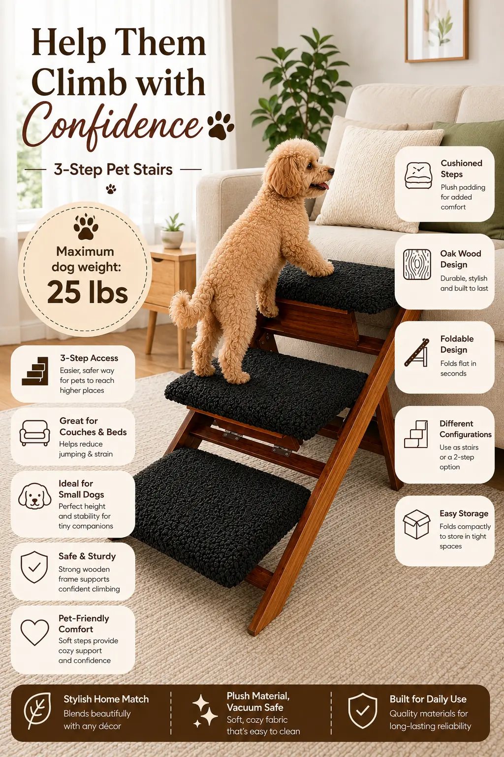 Wooden Pet Stairs & Ramp for Small Dogs and Cats, Convertible 2-in-1 Folding Dog Steps for Bed & Couch, Non-Slip Plush Steps, Stable Wood Frame, Ideal for Puppies, Senior Pets & Small Breeds