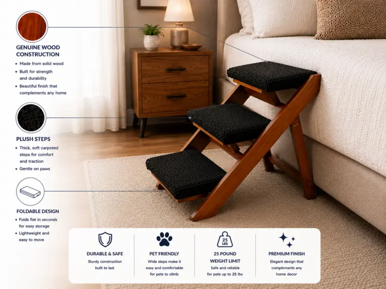 Wooden Pet Stairs & Ramp for Small Dogs and Cats, Convertible 2-in-1 Folding Dog Steps for Bed & Couch, Non-Slip Plush Steps, Stable Wood Frame, Ideal for Puppies, Senior Pets & Small Breeds