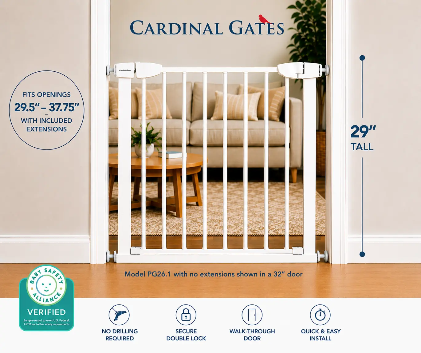 Cardinal Gates PG26 Pressure Mounted Gate, No Drilling Required, Choose Your Opening Width