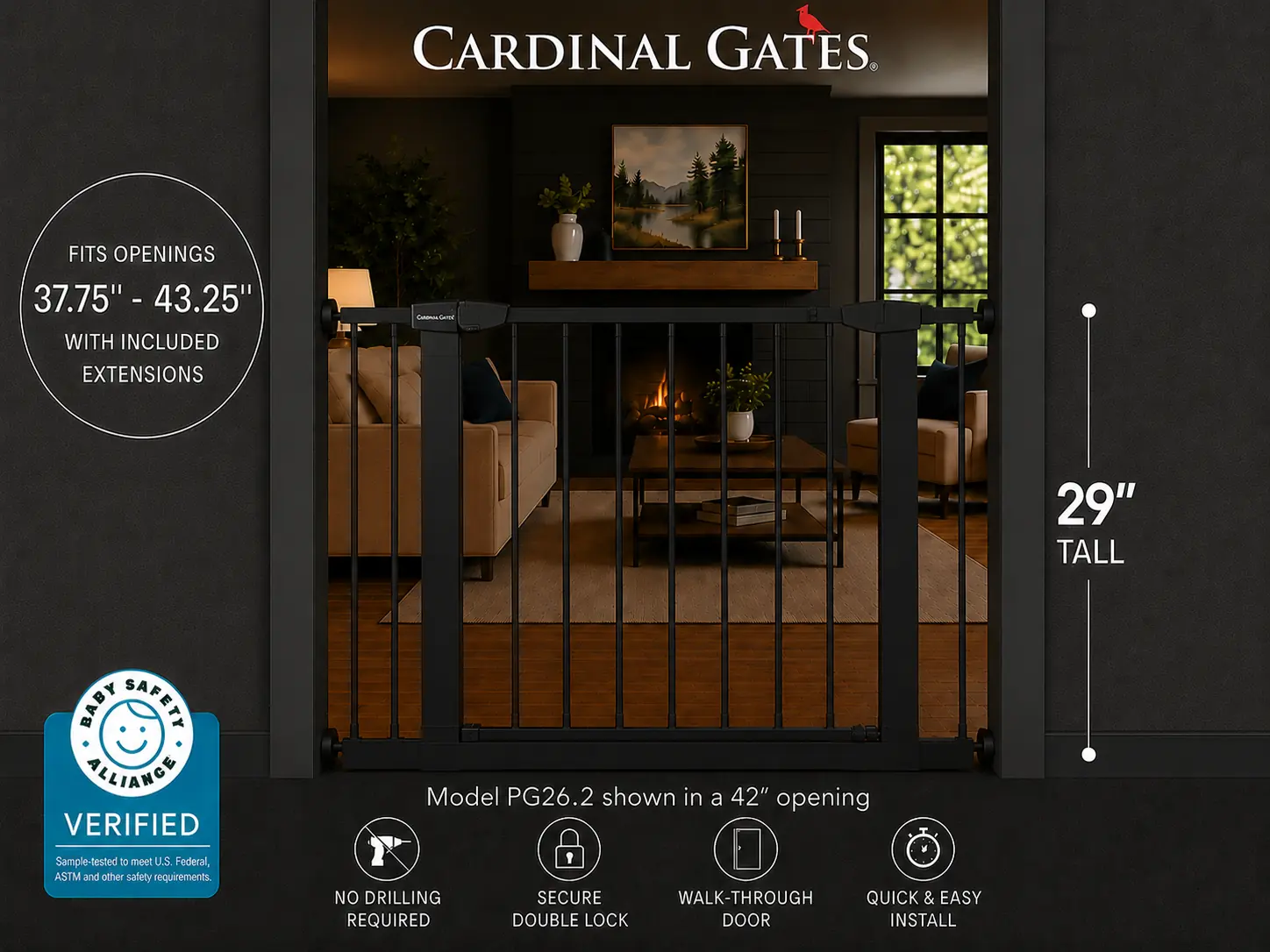 Cardinal Gates PG26 Pressure Mounted Gate, No Drilling Required, Choose Your Opening Width