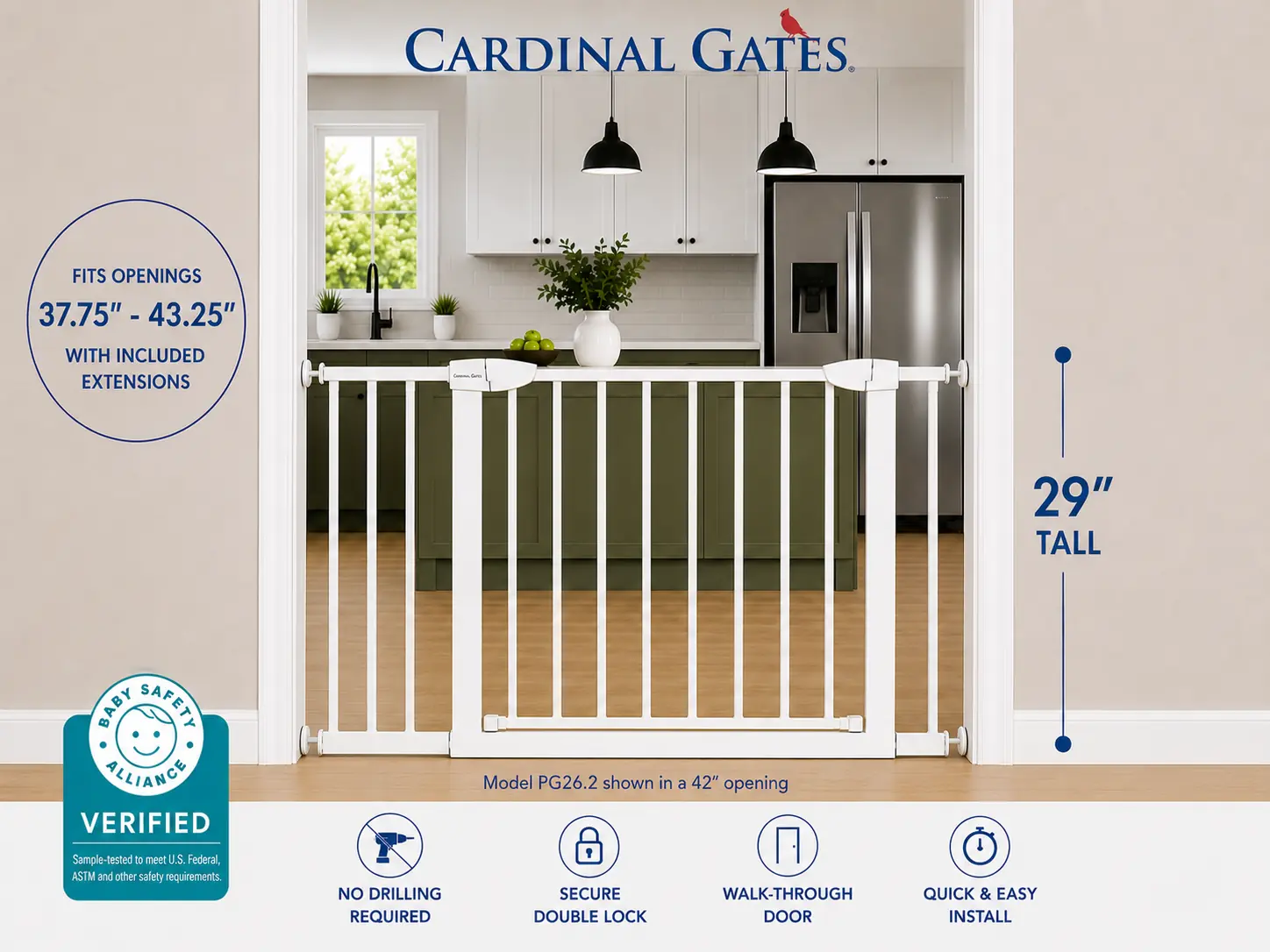 Cardinal Gates PG26 Pressure Mounted Gate, No Drilling Required, Choose Your Opening Width