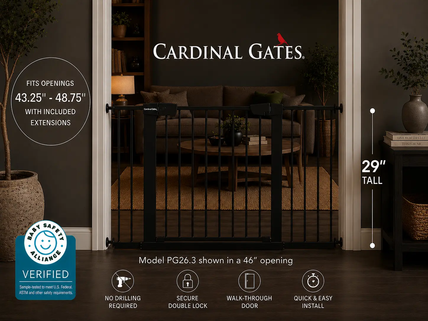 Cardinal Gates PG26 Pressure Mounted Gate, No Drilling Required, Choose Your Opening Width
