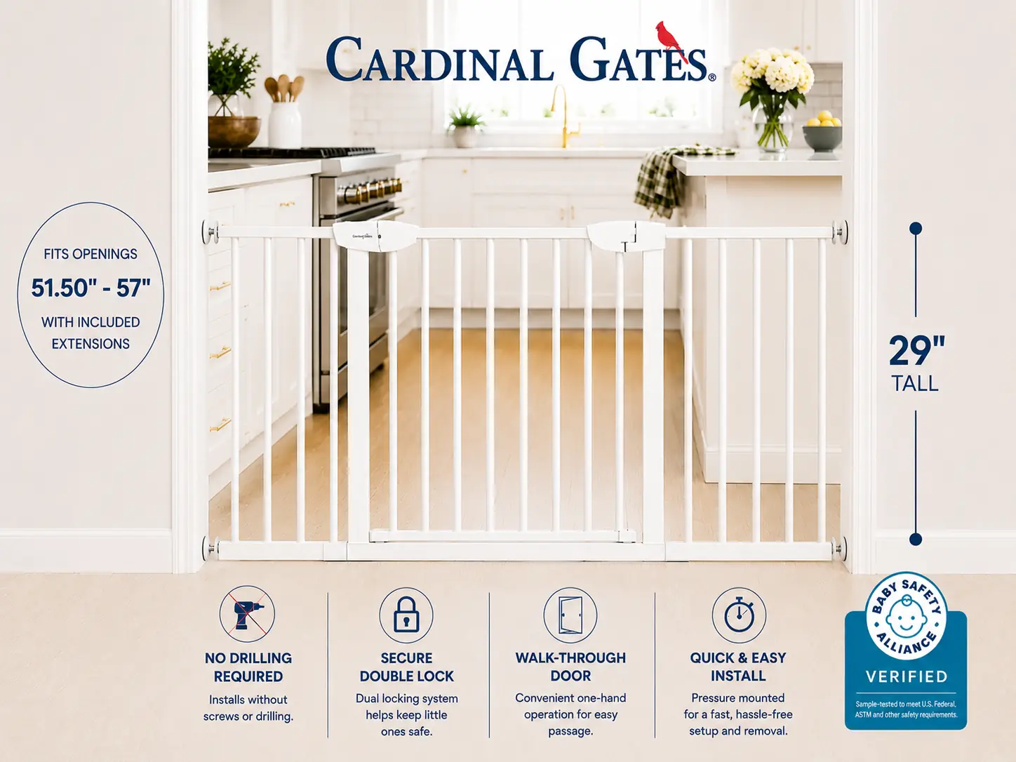 Cardinal Gates PG26 Pressure Mounted Gate, No Drilling Required, Choose Your Opening Width